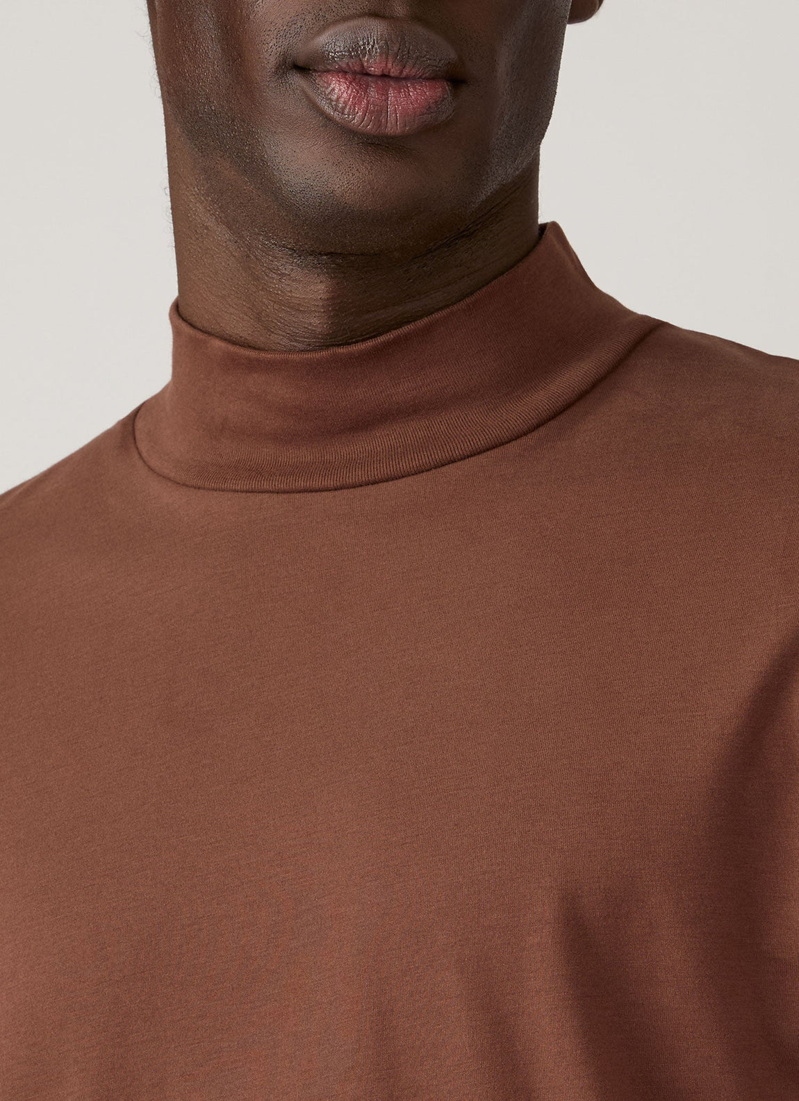 Men's Long Sleeve Brushed Cotton Mock Neck T-shirt in Chestnut